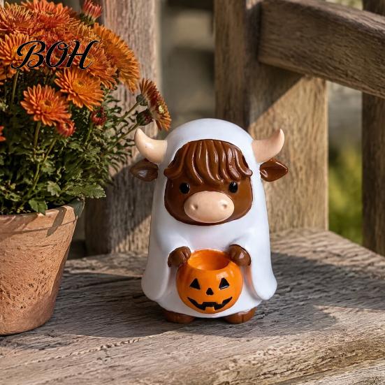 Indoor Seasonal Decor Highland Cow Ghost Figurine with Pumpkin Candy Bowl, Cute Halloween Decorative Holder Tabletop for Farmhouse Home Decoration