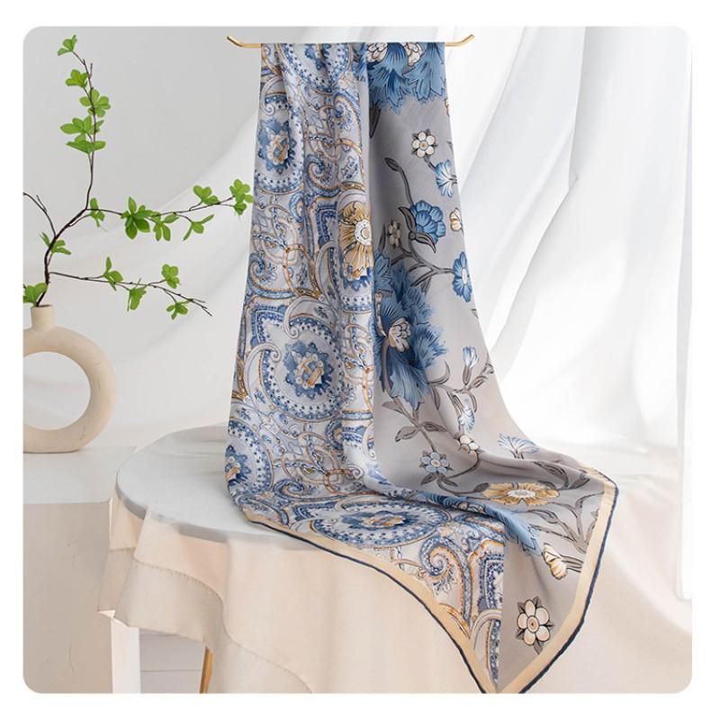 Fashion Mulberry Silk Square Scarf Women Floral Print Versatile Commute Office Daily Wear