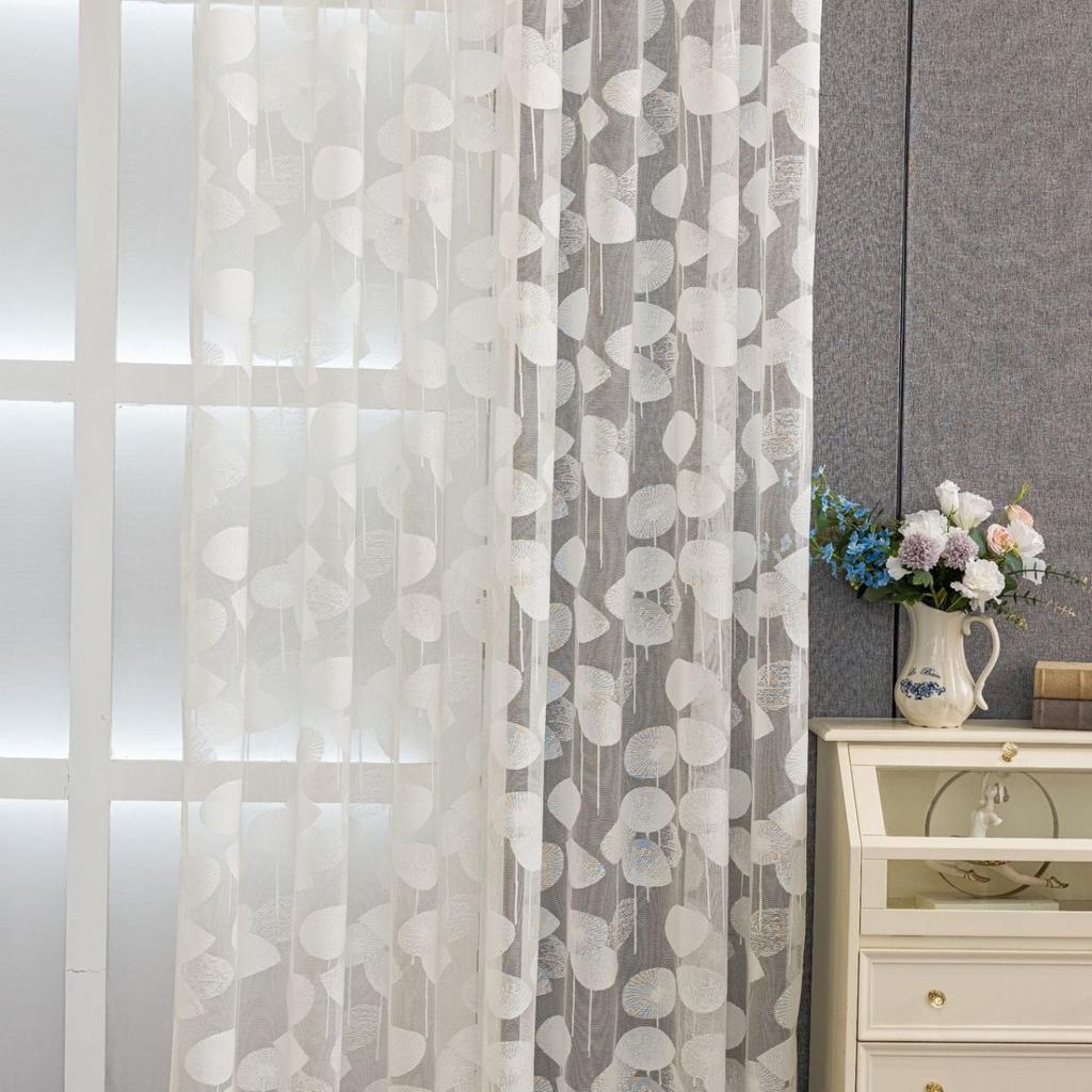 Белые жаккардовые кружевные шторы с & полупрозрачной приватностью - Дизайн с цветочным листом, оконные драпировки для гостиной, спальни, столовой - Легкая в уходе ткань