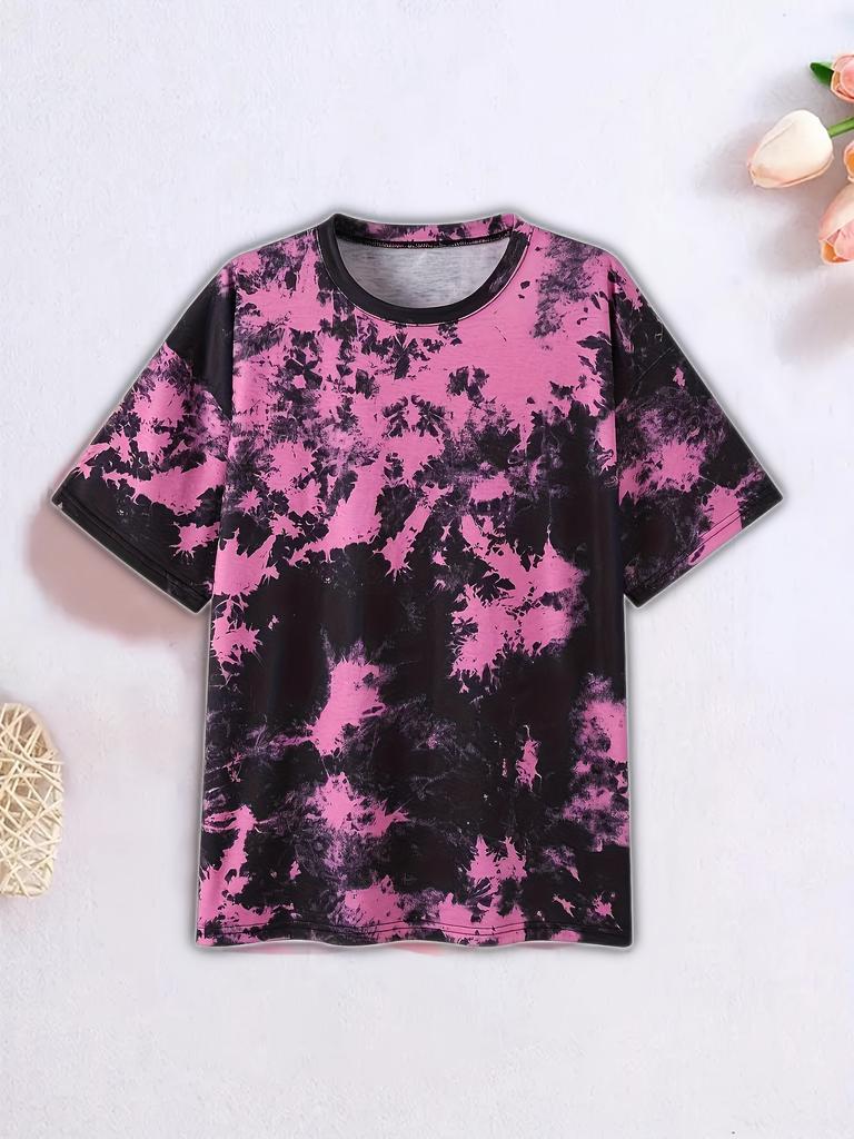 Детская одежда Футболка для девочек с коротким рукавом 3D Tie-Dye Print Детская летняя одежда Повседневная детская одежда с круглым вырезом и рисунком из мультфильмов Топы