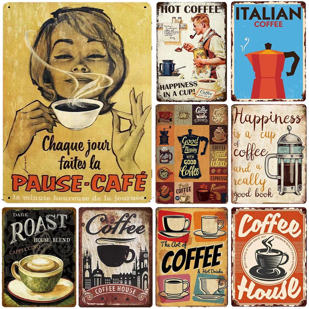 Vintage Coffee Metal Sign Retro Cafe Poster Tin Plaque for Home Bar Pub Kitchen Decoration Dark Roast Italian Coffee Art