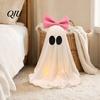 Cute Ghost Halloween Ornament LED Decoration, Pink Bow Tabletop Ornament, Soft Non-snag Fabric Decoration Haunted House Decor with Warm Glow for Home