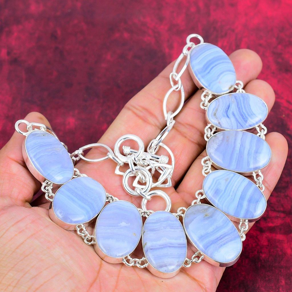 Ожерелье из натурального синего кружева с агатом из стерлингового серебра 925 пробы, ювелирные изделия из драгоценных камней, ожерелье ручной работы, удивительный ювелирный подарок для нее