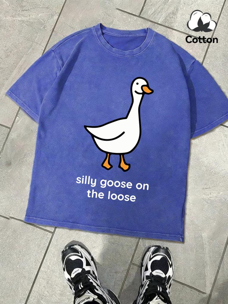 Sillu Goose On The Loose Print Snow Wash Man TShirt Summer Cotton Retro Tee Fashion Short Sleeve Unisex Loose ONeck Top
