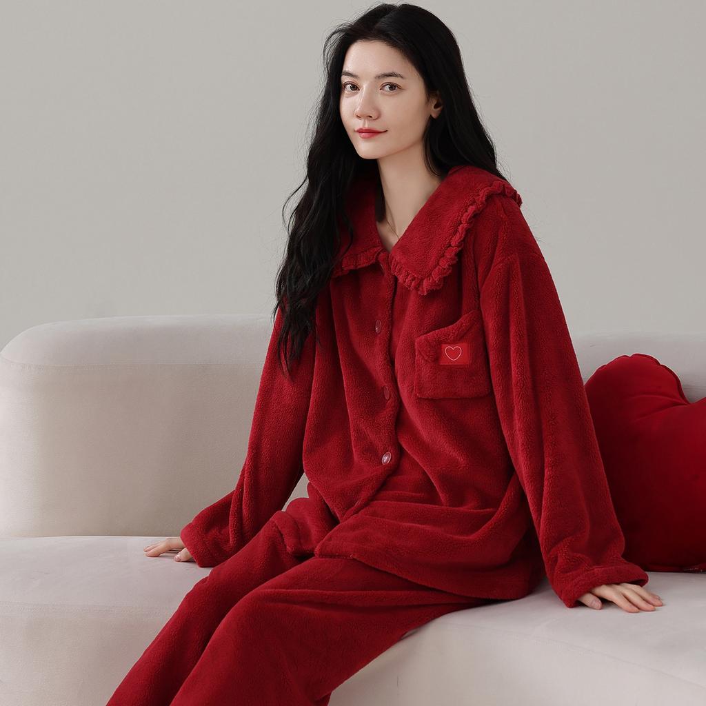 Красная свадебная пижама из кораллового флиса, костюм для пары молодоженов, осенне-зимняя утолщенная фланелевая пижама, новогодняя домашняя одежда для мужчин и женщин
