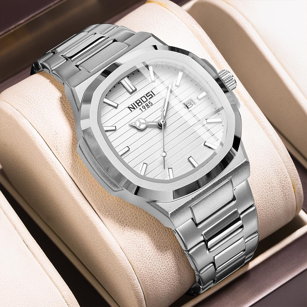 NIBOSI Металлические часы из нержавеющей стали для мужчин Мужские часы, Стильные, Деловые, Стальные, Наручные часы, Джентльменские, Водонепроницаемые, Аналоговые, Ремешок, Повседневные, Дата, Люминесцентные,