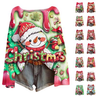 Женский модный пуловер с круглым вырезом, длинными рукавами и повседневным трикотажным принтом на рождественскую тематику