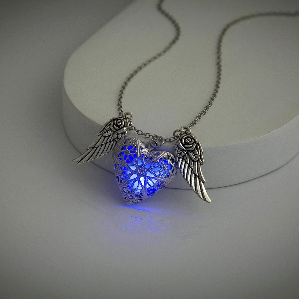 Woman Jewelry Flying Heart Glow Locket with Rose Wings Magic Glow In The Dark Jewelry Necklace