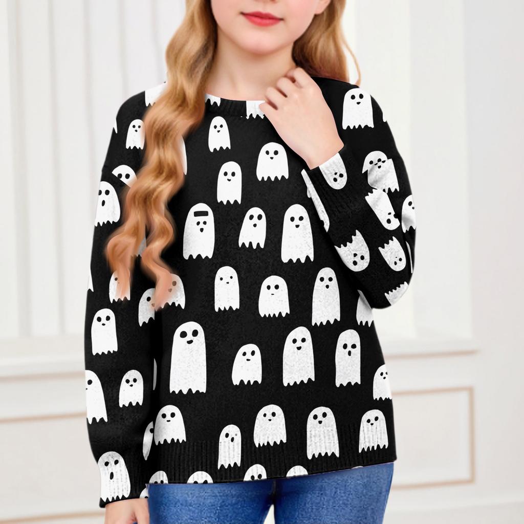Толстовки на Хэллоуин для детей, мальчиков и девочек, вязаный свитер, милая рубашка, осенние пуловеры с круглым вырезом