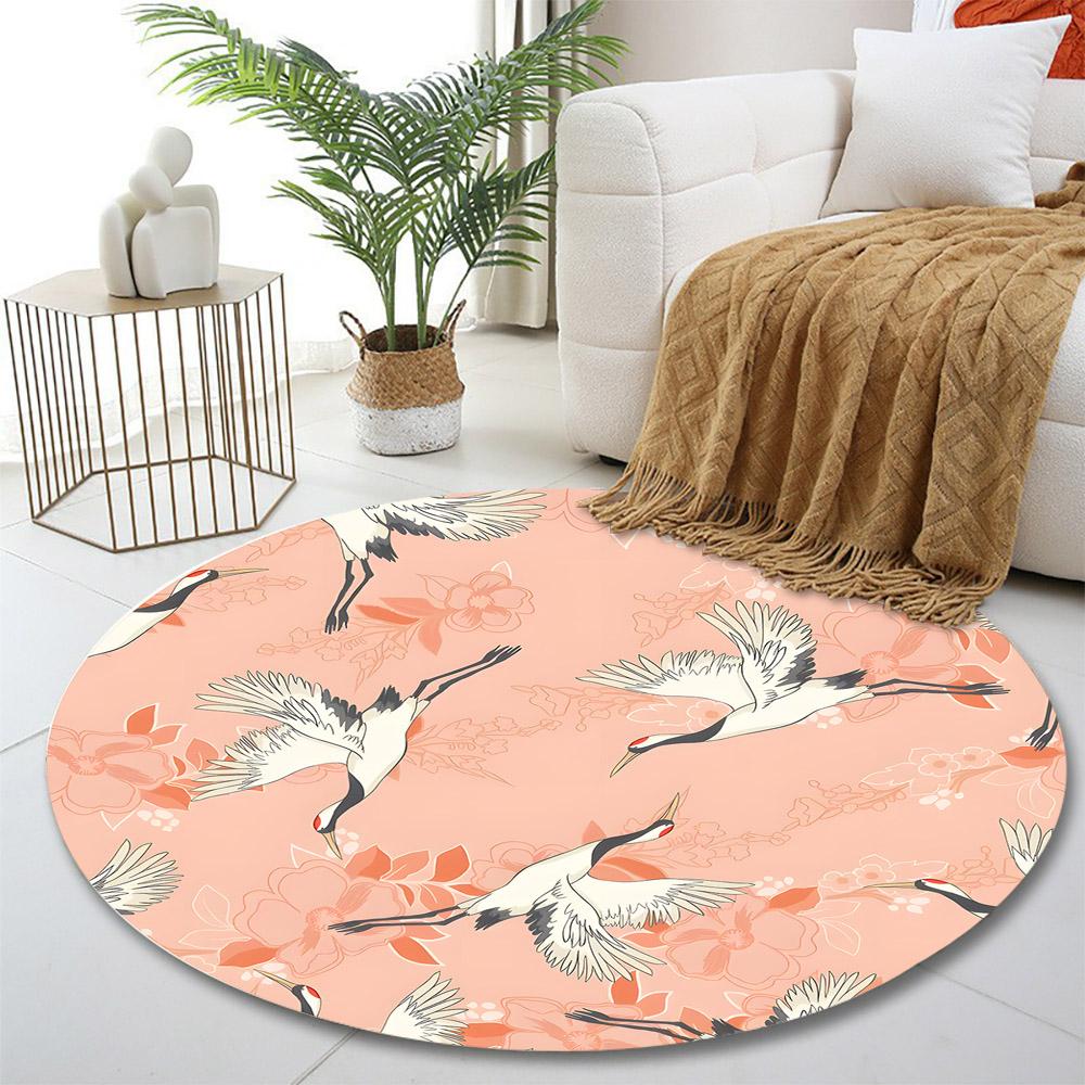 Graceful Cranes and Floral Pattern Print round rug, living room, bedroom, playroom carpet, non slip floor mat, gift
