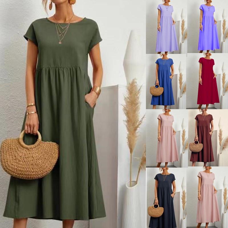 European & American Solid Color Sleeveless Loose Cotton Linen Pocket Dress 2024 In Stock