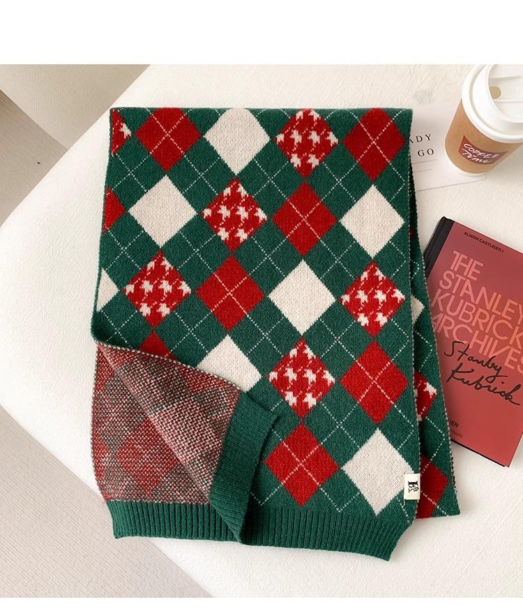 Красный рождественский вязаный шарф для женщин, осенне-зимний теплый зеленый шерстяной студенческий парный рождественский подарок шарф универсальный