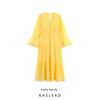Kaslead New Women Clothes Western Style Fashion Plus Size Temperament V-neck Pearl Buckle Patchwork Edge Long Dress