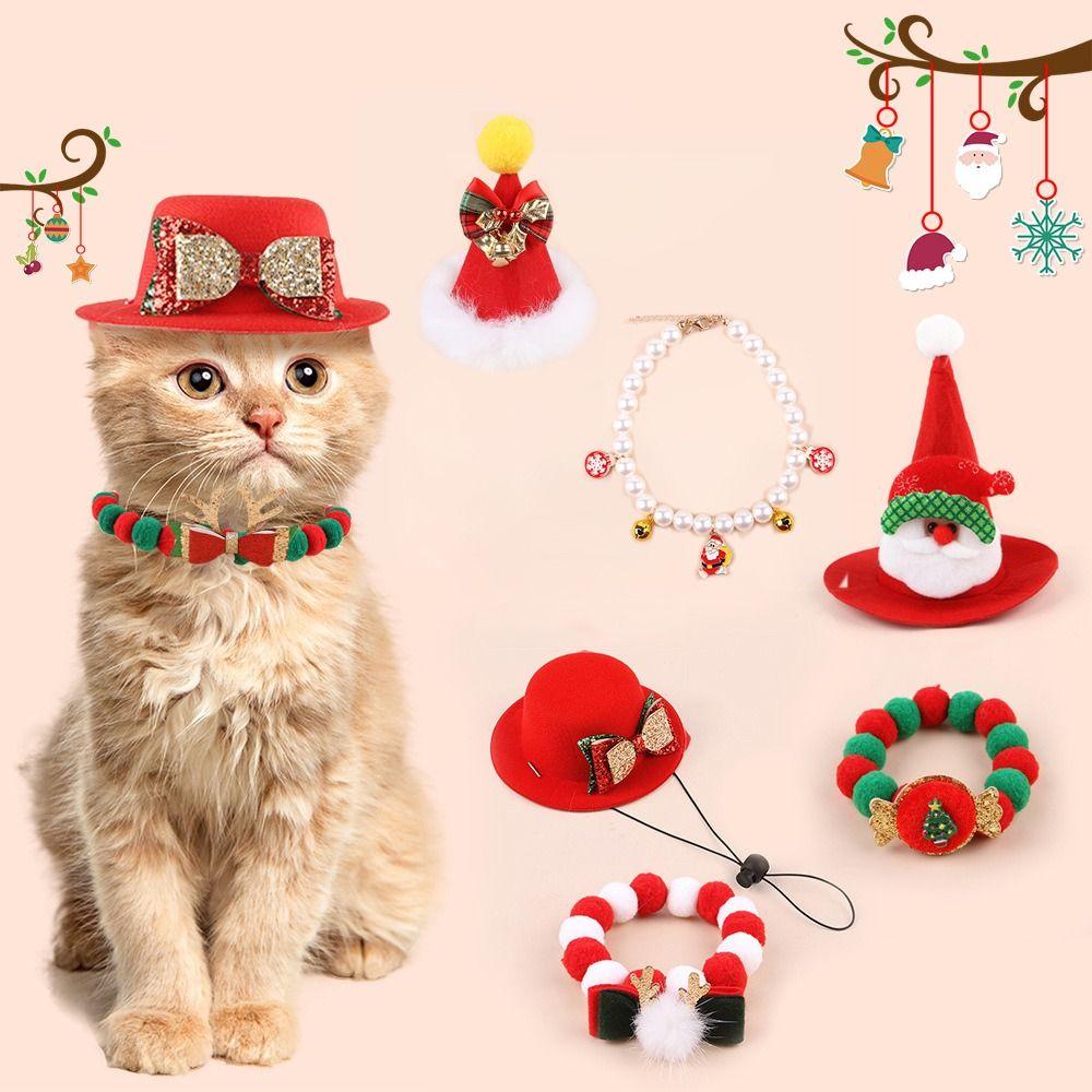 Adjustable Pet Christmas Hat Scarf Soft Christmas Cat Bow Tie Pet Christmas Bow Hat for Puppy Cats