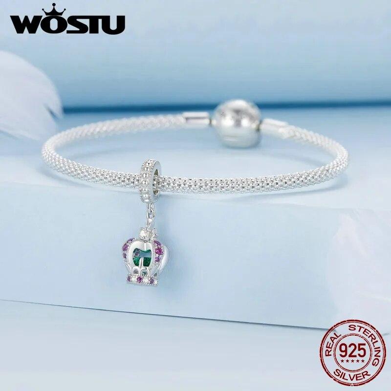 WOSTU 925 Sterling Silver Pink Heart Faith Pendant Pavé Setting CZ Crown Gradient Glass Toucan Fit Original Bracelet Guard Gifts