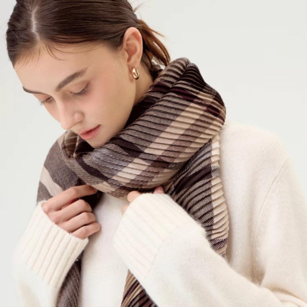 Daks Wool 100 Brown Tartan Check Pleated Scarf Dcsc6f583w2