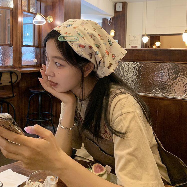 Dopamine Double-sided Multifunctional Headscarf Cute Cat Print Triangle Scarf Sunshade Shawl Sweet Female Hair Accessories