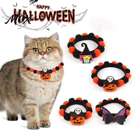 Halloween Themed Pet Accessories Pom-pom Cat Collar, Adjustable Cute Pumpkin Bat Witch Dog Hook And Loop Collar Orange Black Pom-poms for Cats