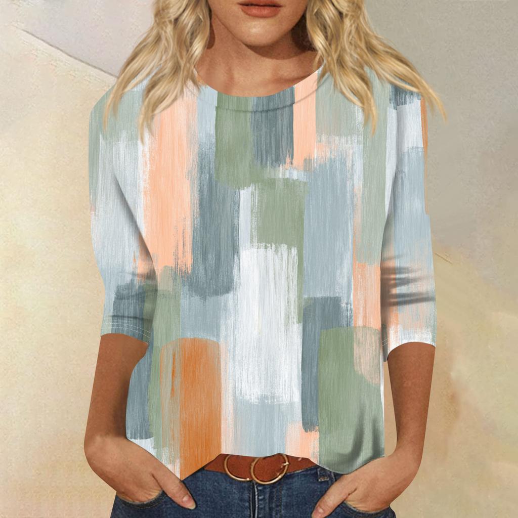 Женская модная повседневная футболка с круглым вырезом, рукавом три четверти и градиентным принтом