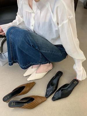 Модные женские тапочки с острым носком, шлепанцы, мюли, туфли на толстом среднем каблуке, черные, коричневые, бежевые, 2024, новые поступления, повседневные туфли для женщин, размер 39