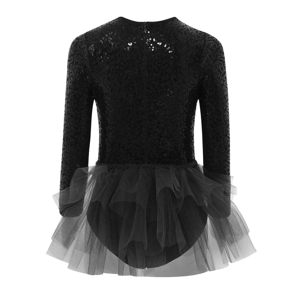 Girls Jazz Dance Costume Sparkly Sequins Bodice Tulle Skirted Leotard Long Sleeve Back Invisible Zipper Bodysuit