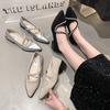 Spring and Summer 2025 New Light Luxury Curved Rhinestone Temperament Versatile Pointed All-inclusive Square Heel Soft Sole Single Shoes Women