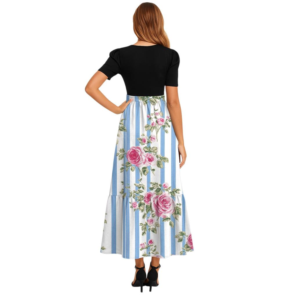 Женское модное повседневное платье с поясом, коротким рукавом, круглым вырезом и принтом, элегантное и темпераментное