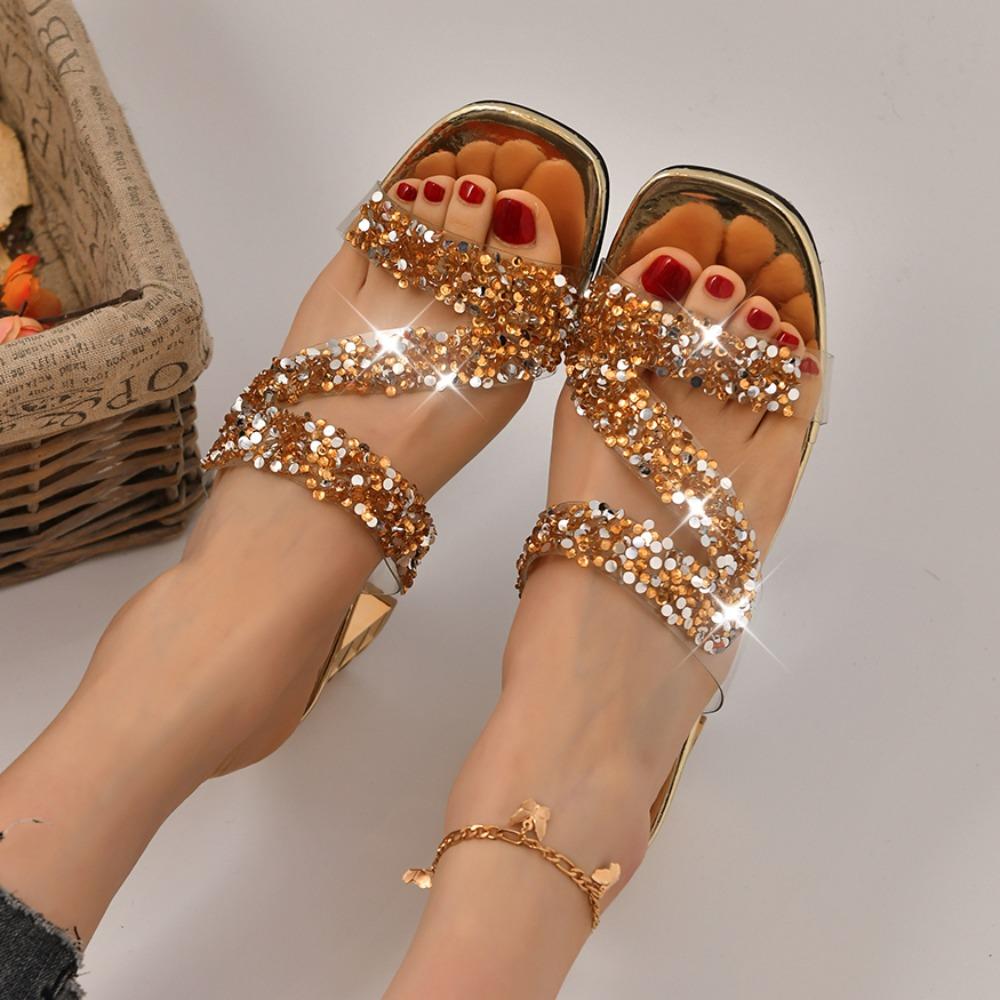 НОВЫЕ блестящие тапочки со стразами, женские роскошные босоножки на среднем каблуке со стразами, женские бохо-золотые шлепанцы на странном каблуке, летняя обувь