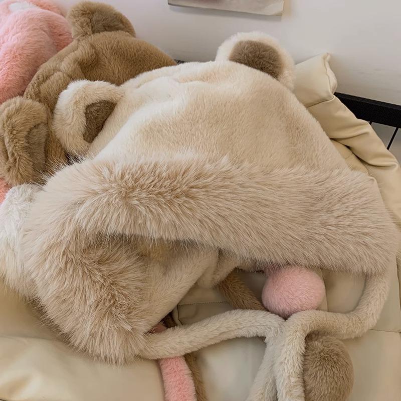 Милая женская осенне-зимняя плюшевая шапка с медвежьими ушками, плюшевая и утепленная велосипедная шапка от холода с ушками