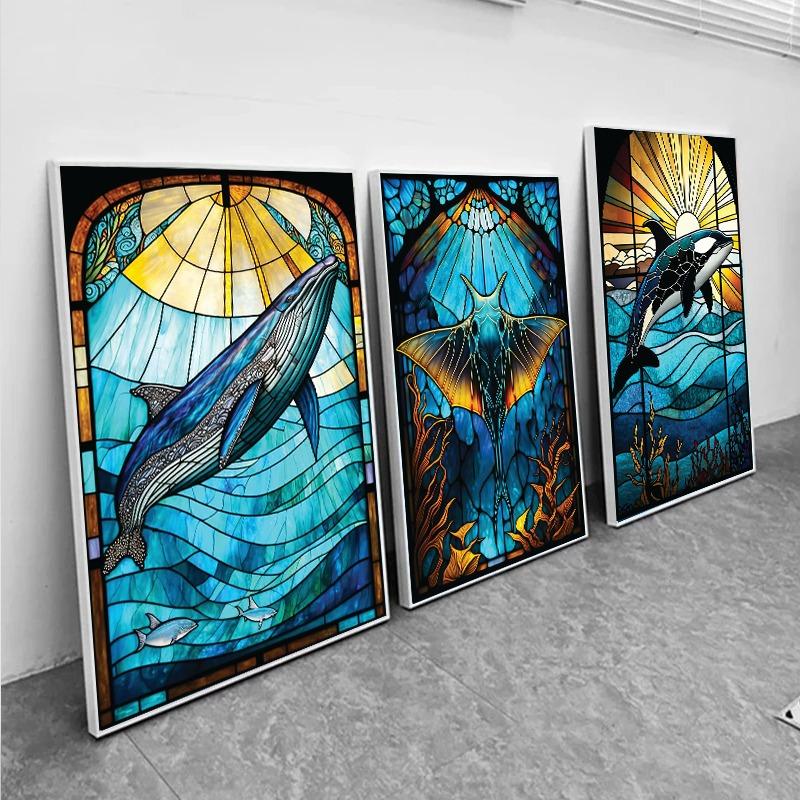 Abstract Sealife Stained Glass Pattern Art Poster Prints Canvas Painting Seahorse Manta Ray Whale Shark Dolphin Home Decor