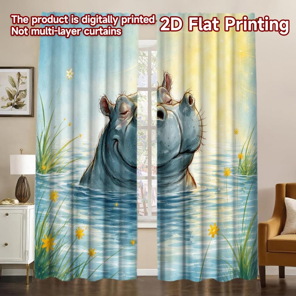 2D FLAT PRINTING 2pcs Curtains (Without Rod) Hippo Sunbathing in Water Modern Curtains&Window Treatment 100% Polyester Curtains