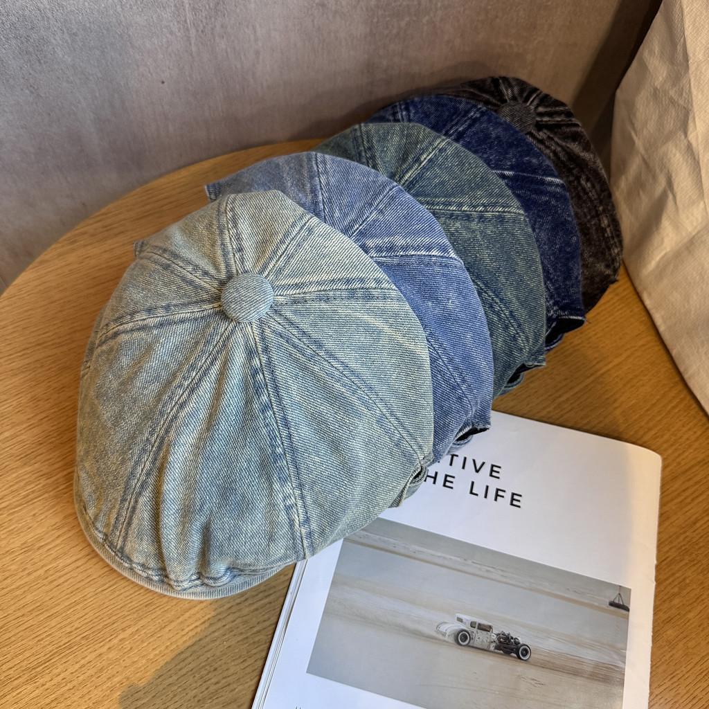 Retro Denim Beret Hat Short Brim Duckbill Cap For Women Casual Wear Street