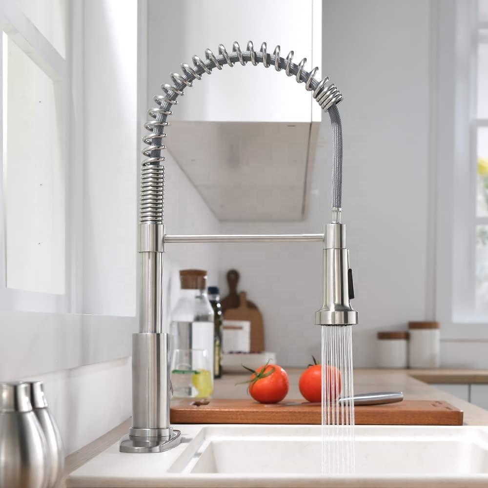 Double Spring Two-Way Deck Mount Design Kitchen Sink Faucet with Pull-Out Spray