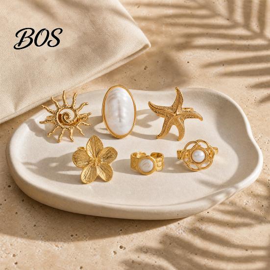 Beach Festival Rings 6Pcs/Set Finger Ring Set, Ocean Style Adjustable with Imitation Stacked Pearl And Shell Texture, Bohemian Stackable for