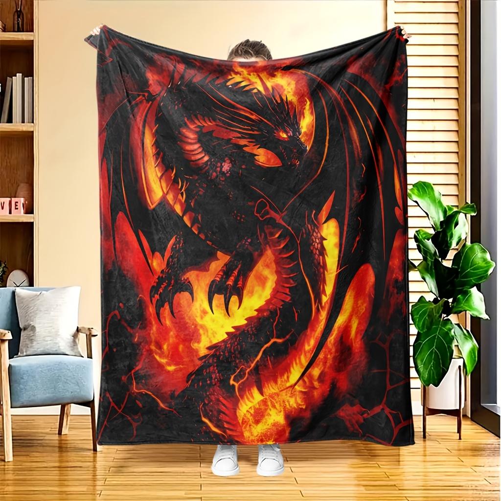 Flame Dragon Flannel Blanket – Soft Breathable Polyester – Vibrant Red Orange Throw – All-Season Cozy Decor