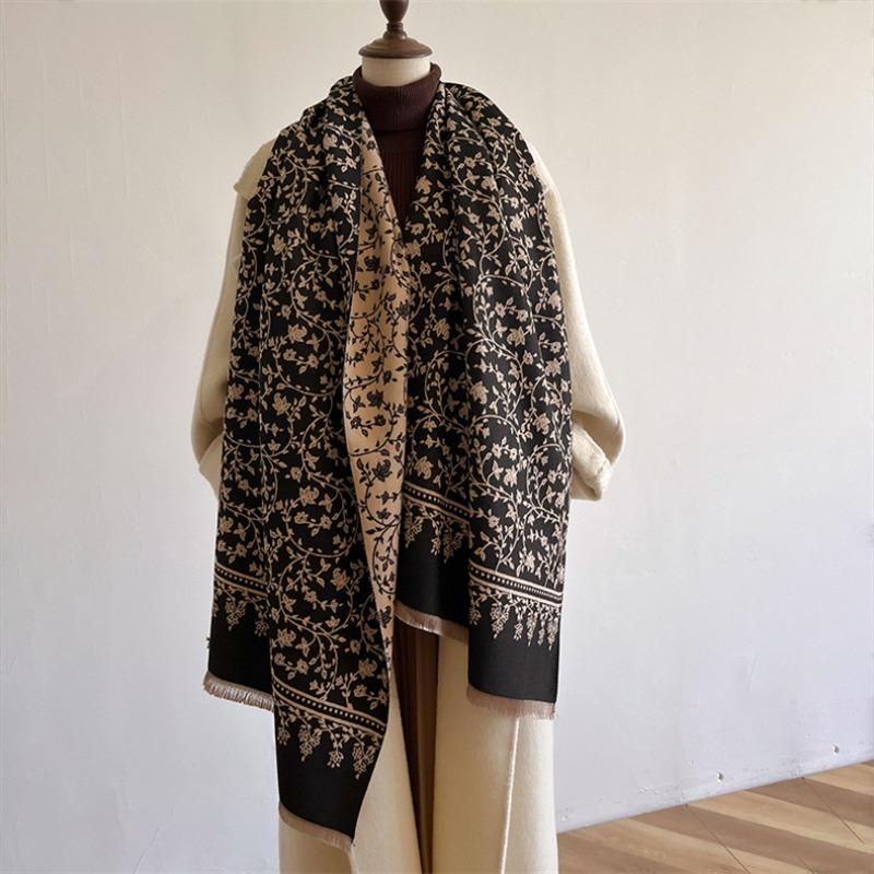 Autumn and Winter Versatile Elegant Small Floral Imitation Cashmere Scarf Women's High-end Warm Scarf Shawl Car Blanket Women