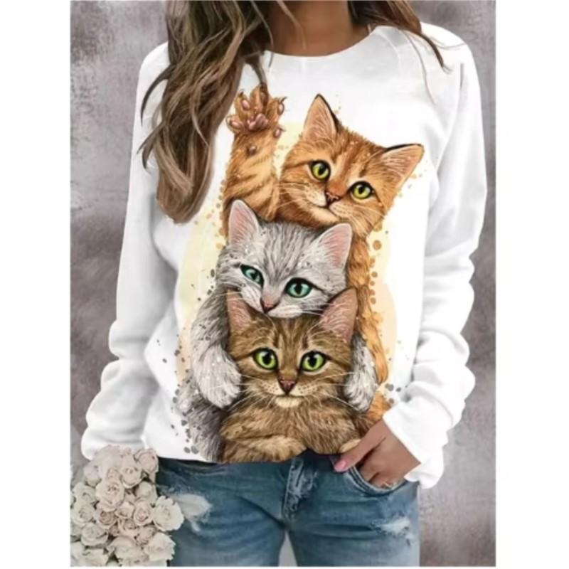Футболка женская Kawaii Cat с 3D-принтом, повседневные футболки с длинным рукавом, свободные футболки Harajuku, повседневная блузка, женские свободные топы