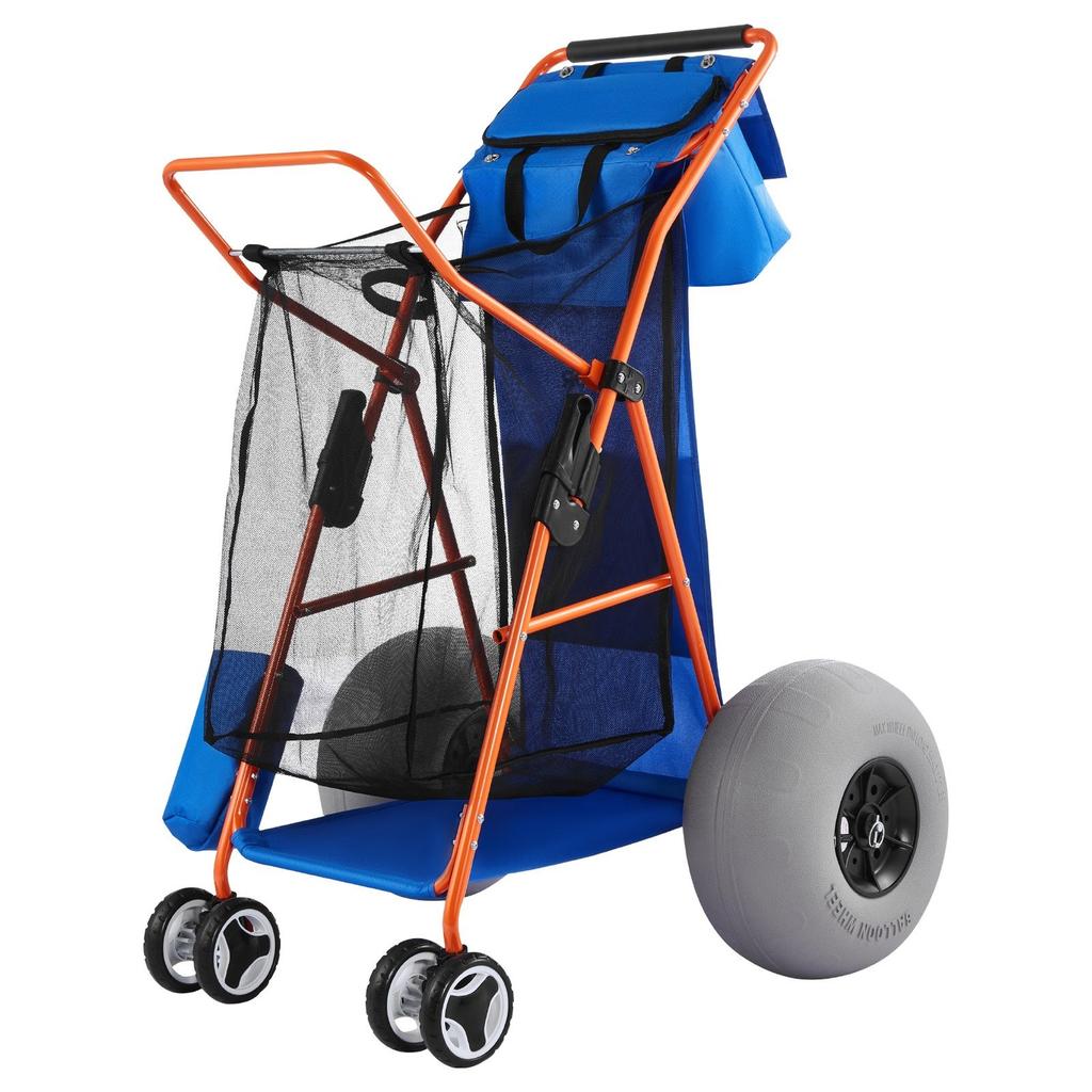 Beach Cart with Large Wheels for Sand, 75 kg Load Capacity, Heavy Duty Folding Beach Wagon with 320 mm Balloon Wheels, Insulated Cooler Bag, Umbrella
