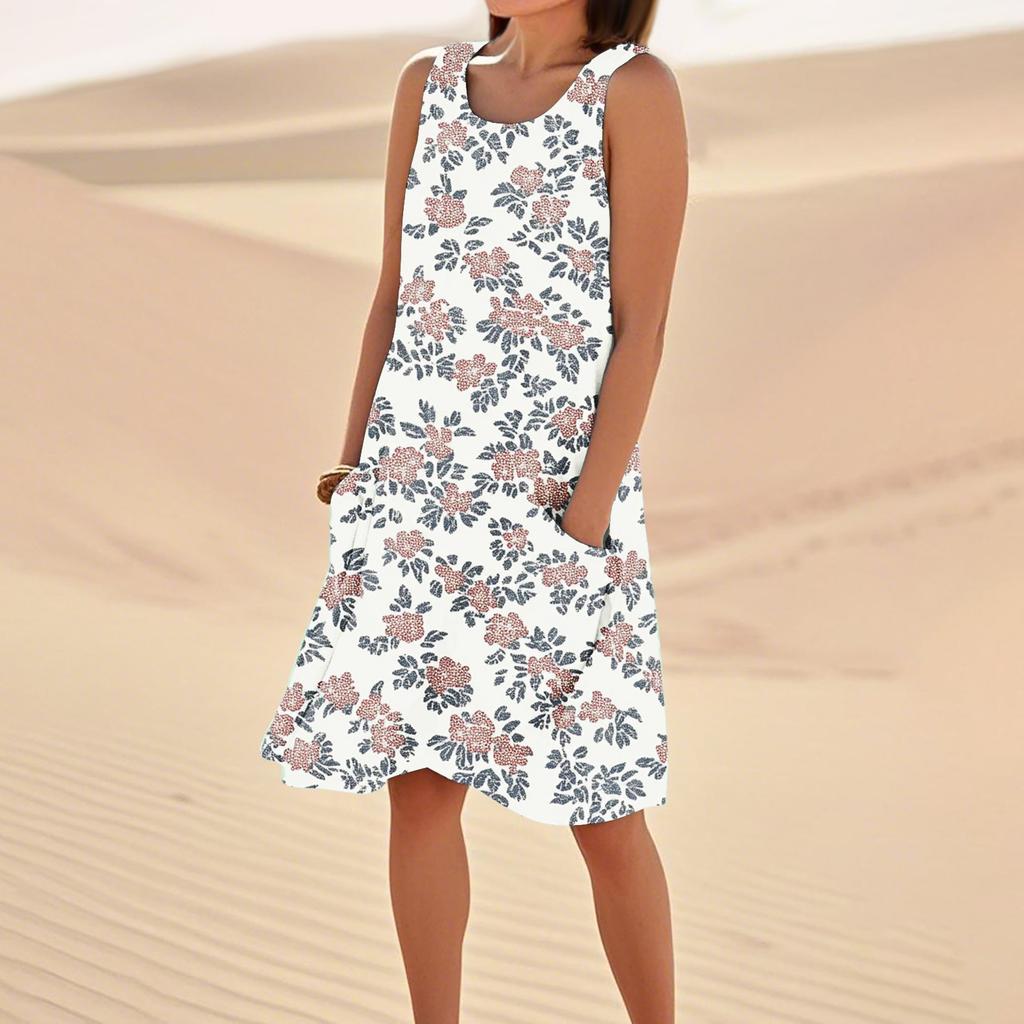 Women's Casual Summer Floral Print Sleeveless Pocket Dress