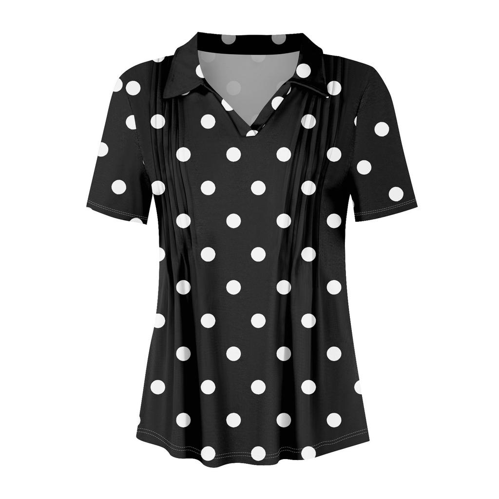 Женские футболки с коротким рукавом, плиссированные, с V-образным вырезом, с принтом, с воротником, летние топы, модные, деловые, повседневные, рабочие