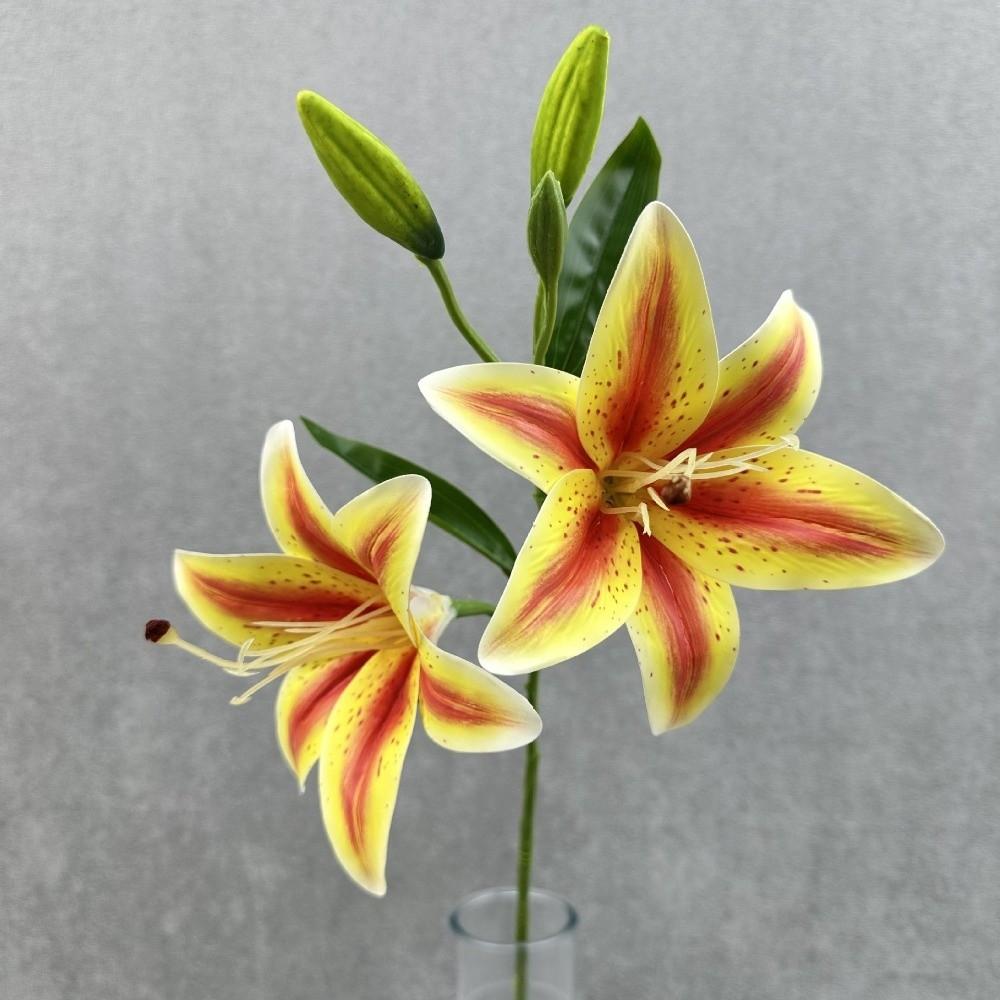 New 67cm Artificial Lily Flower 2 Heads Silk Fake Lily Bouquet DIY 3D Printing Wedding Bridal Bouquet Living Room Decor