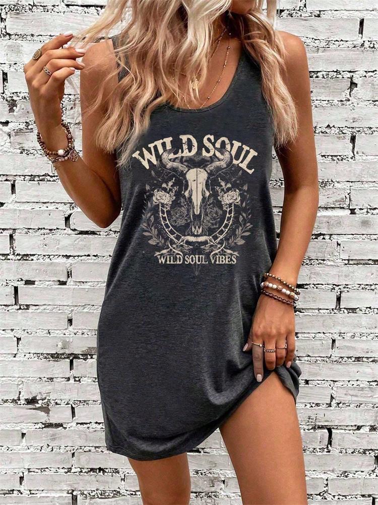 Women's Summer Round-Neck Dress with Butterfly Sun and Moon Print—Casual Fashionable and Trendy Street Style Dress