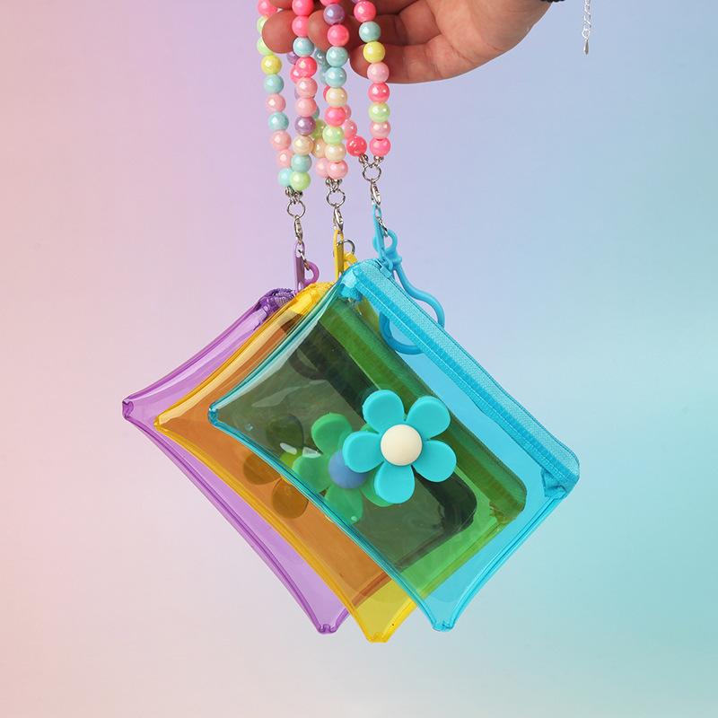 Portable Flower Bead Chain Coin Purse Pvc Zipper Small Wallet Colorful Transparent Storage Bag