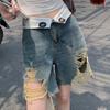Ретро бахрома рваные джинсы пять четвертей для женщин летний дизайн ниша высокая талия утягивающие прямые широкие короткие брюки