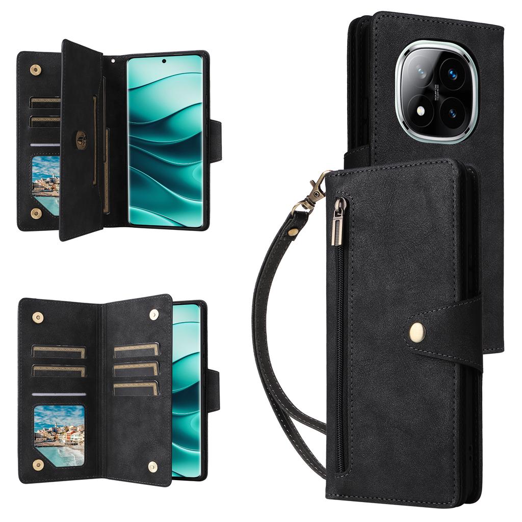Leather Case For Xiaomi Redmi Note 14 Pro 5G/14 Pro+ 5G/Poco X7 5G Zipper Wallet Stand Phone Cover Rivet Decor