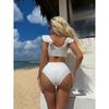 Женский купальник бикини с высокой талией, однотонный, с V-образным вырезом, купальный костюм, треугольный топ с оборками, пляжный, летний, из двух частей