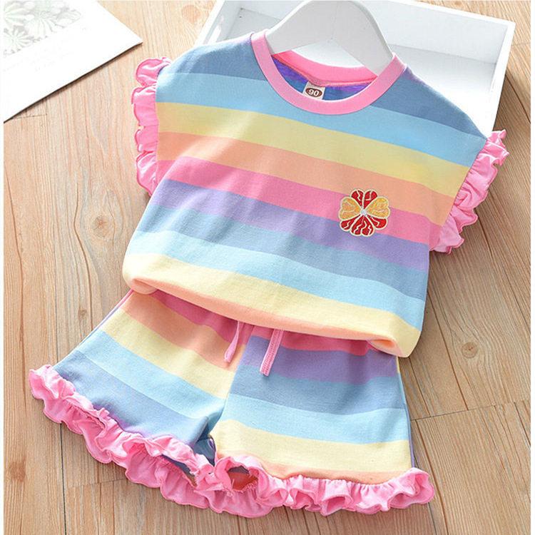 Girls Summer Rainbow Sports Set Short Sleeve T Shirt And Shorts Two Piece Casual Outfit For Kids