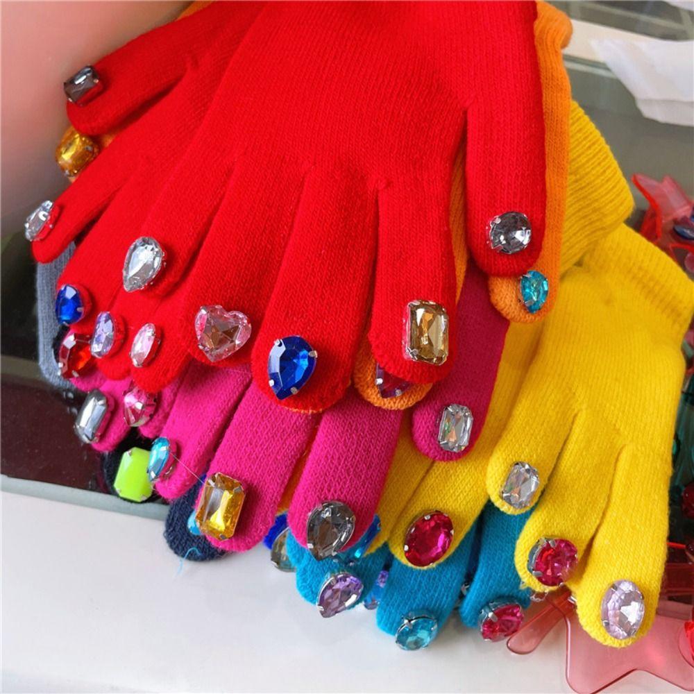 Glitter Finish Rhinestone Knitted Gloves Multi-Color Women Cycling Gloves Outdoor Use