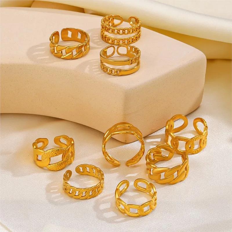 1Pcs Stainless Steel Geometric Chain Hollow Ring For Women Trendy Simple Personality Open Ring Waterproof Jewelry Accessories