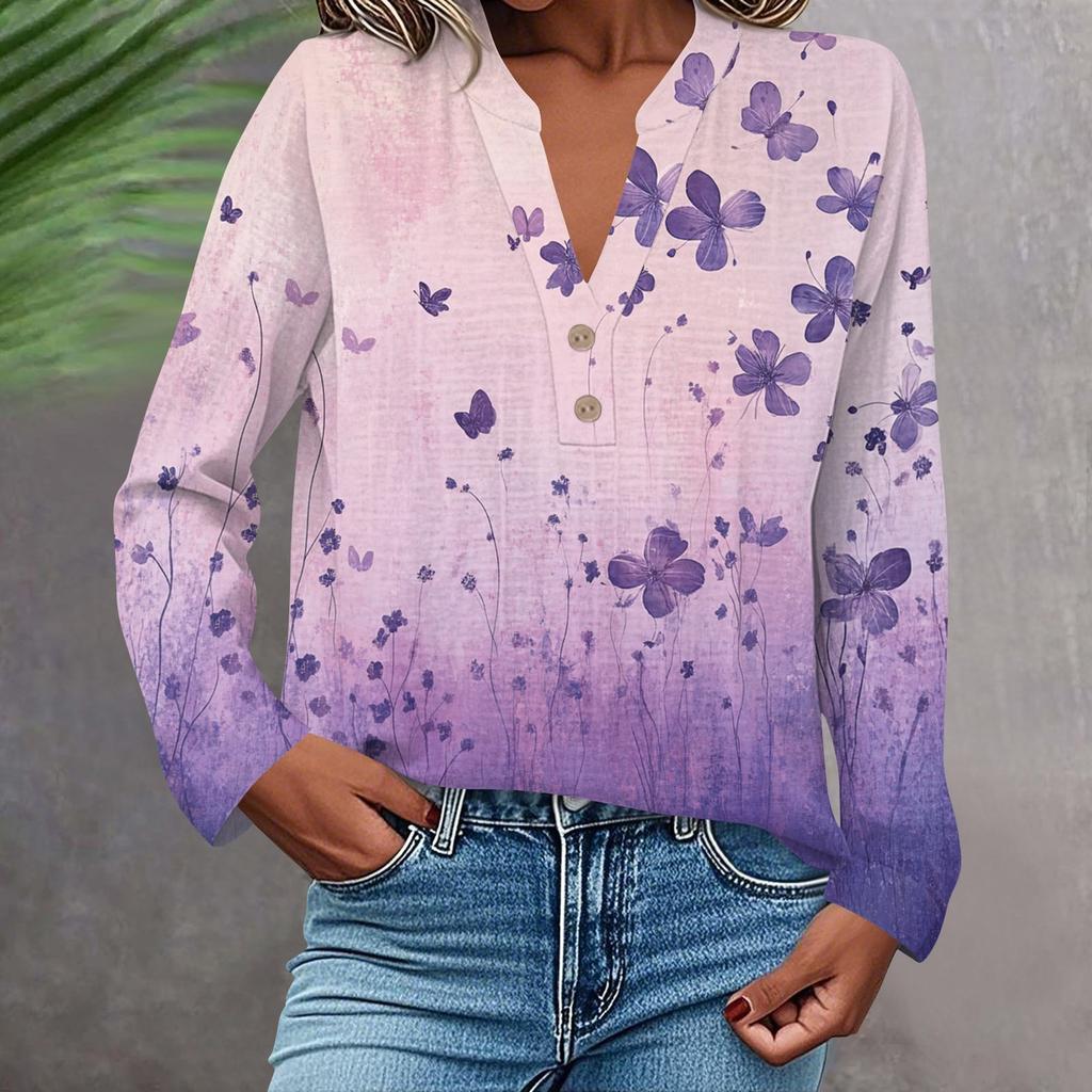 Женская модная и повседневная рубашка с длинным рукавом, V-образным вырезом, на пуговицах, с принтом, блузка, топ